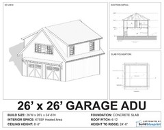26′ x 26′ Two Car ADU Garage Loft Architectural Plans – PDF Download