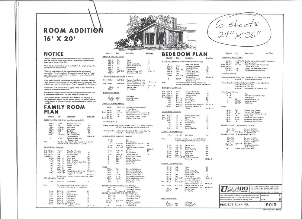 Combo Family Room Plan and Bedroom Plan 6 Sheets 24″ x 36″
