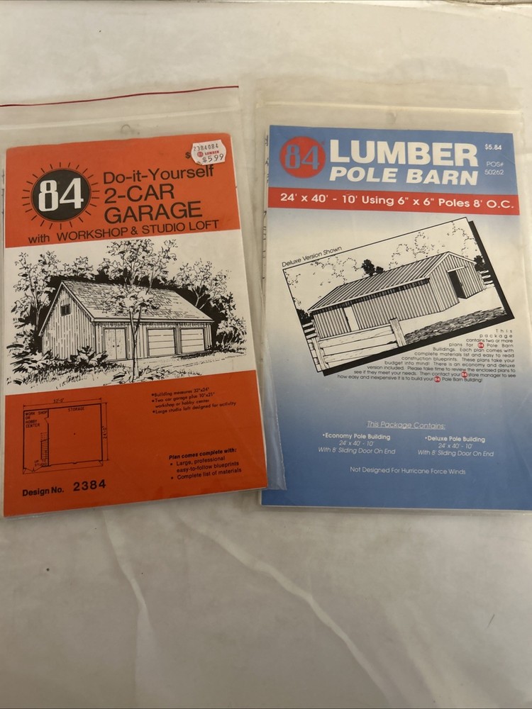 84 Lumber plans, lot of 2: 2-car garage, pole barn