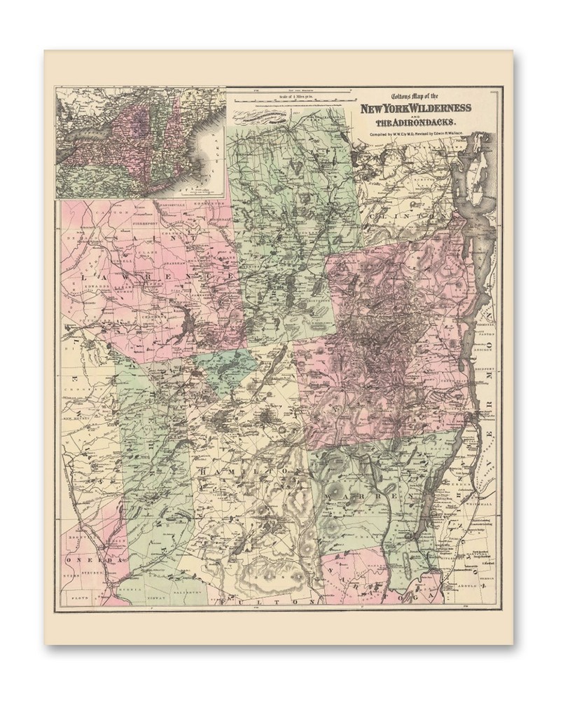 New York Wilderness & Adirondacks Antique Map Vintage Upstate Travel Wall Art