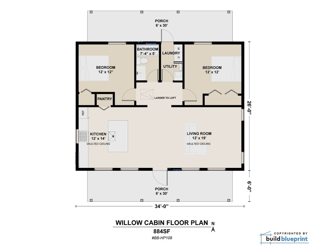 Modern 26′ x 34′ Willow Cabin Architectural Plans – PDF Download