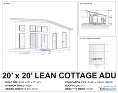 20×20 Lean Modern Cottage Custom Architectural Plans 400SF – PDF Download