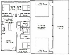 46×48 House – 3 Bedroom 2 Bath 1 RV – 1,157 sqft – PDF Floor Plan – Model 4