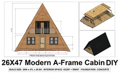26X47 Modern DIY A-Frame Cabin Architectural Build Plans, 38 detailed pages PDF