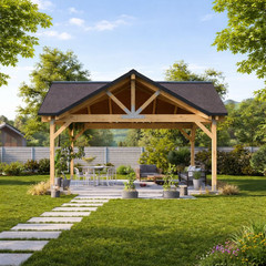 3 Gable Backyard Pavilion plans-Post and Beam Covered Patio Construction Bluepri