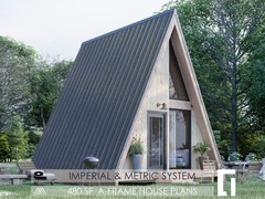 A-Frame House Cabin Plans -320SF- Blueprints – Modern, Bathroom and Loft