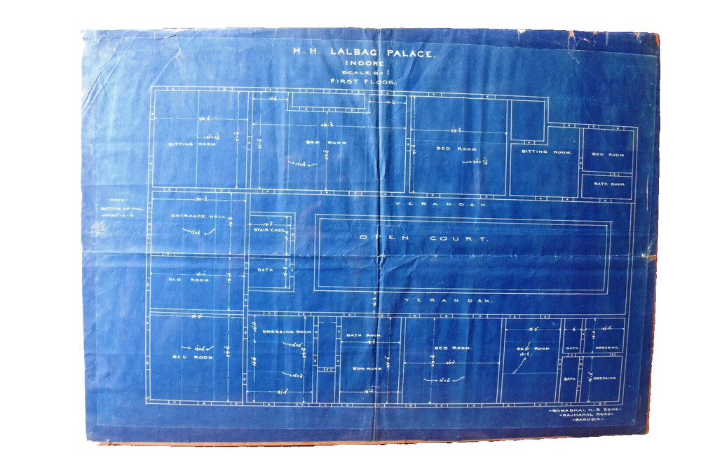 Antique Lal Bagh Palace Indore Architectural Plan & Lay-Out First Floor 1926 Old