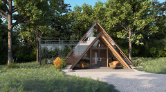 A-Frame Cabin House Plan 3D images DWG CAD File And PDF For Blueprint Plans