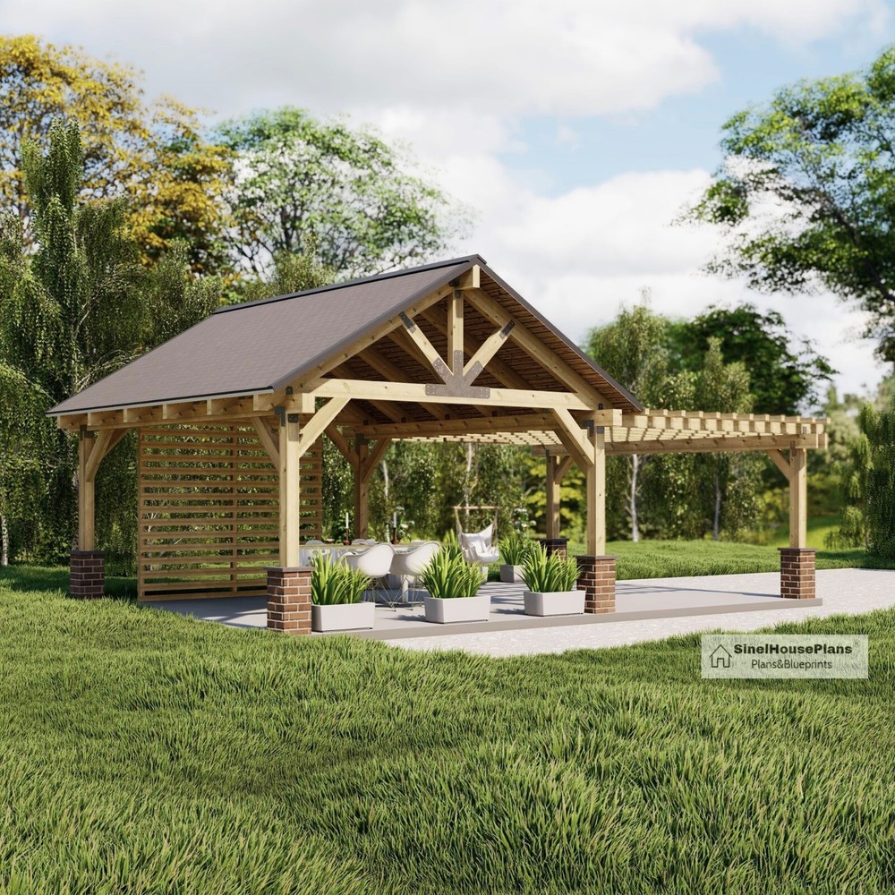 26’x16′ Pavilion with Pergola Plans, Outdoor Gazebo Blueprints