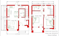 21×25 Feet Small House Plan 6.5×7.5 Meter 2 Beds 2 Bath Shed Roof (A4 Hard Copy)