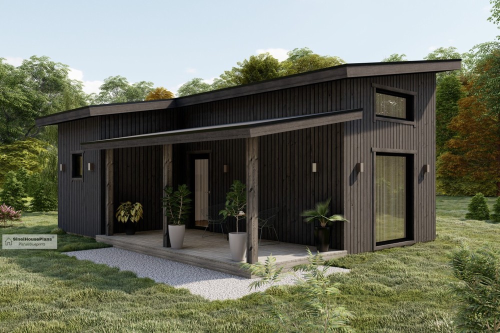 20’x28′ Modern Tiny House Plans, Lean Cabin Architectural Construction Blueprint