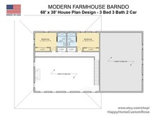 Farmhouse Barndo House Plan – 68×38, 3 Bed 3 Bath with 2-Car + RV Garage – Moder